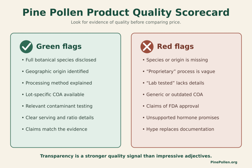 pine pollen product quality scorecard